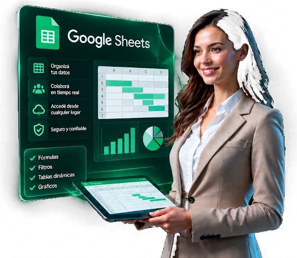Profesional trabajando con paneles de Google Sheets, tablas y gráficos